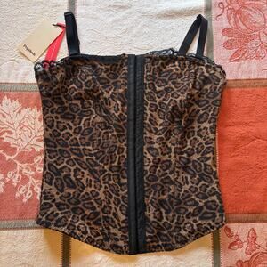 Popilush Brown Leopard Print Corset Top Hook Eye Front Eyelash Lace Trim NWT M